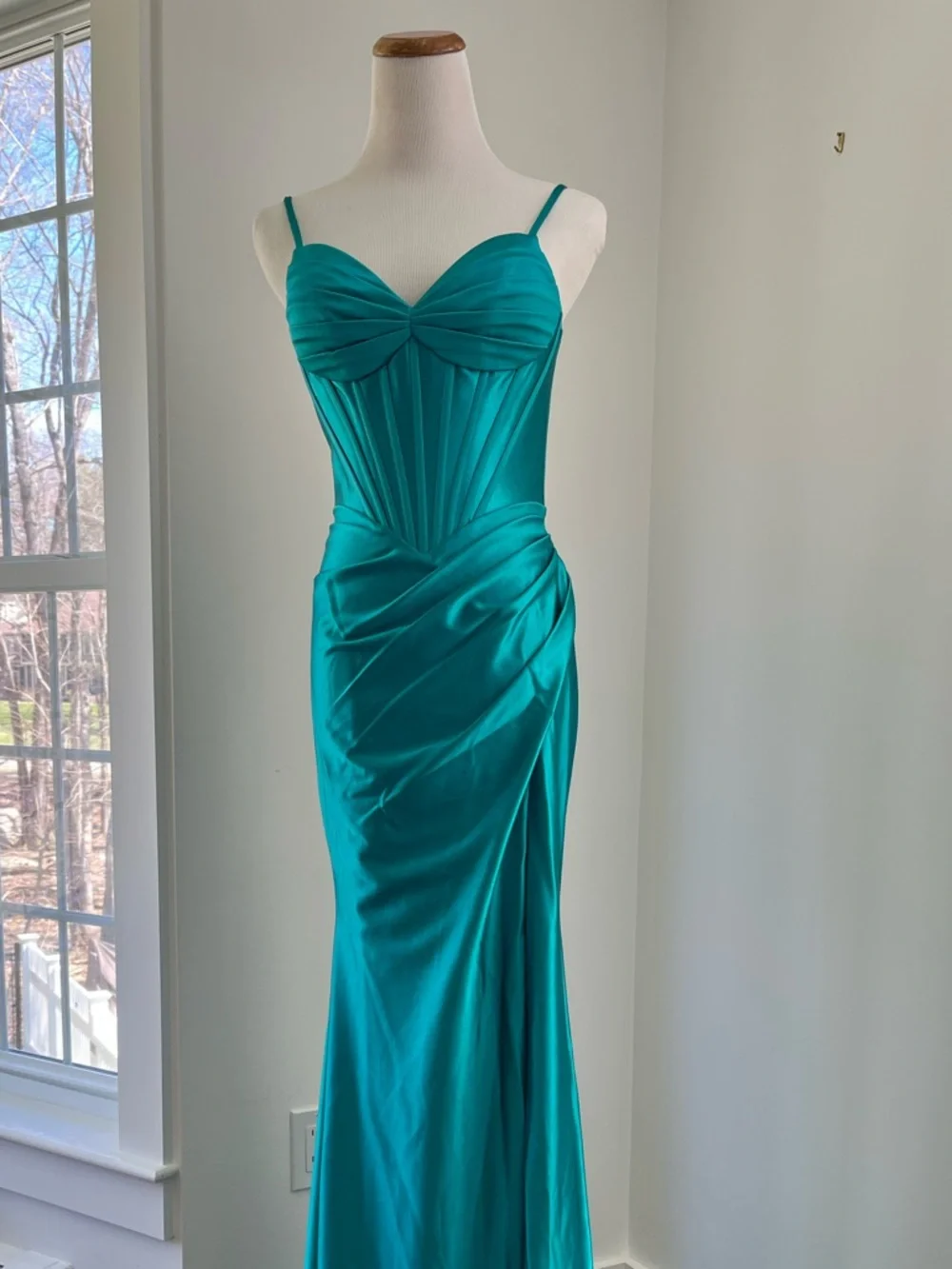 NWT | Stacees | Mermaid Teal Spaghetti Strap Ruched Corset Prom Dress with Slit - Picture 2 of 5